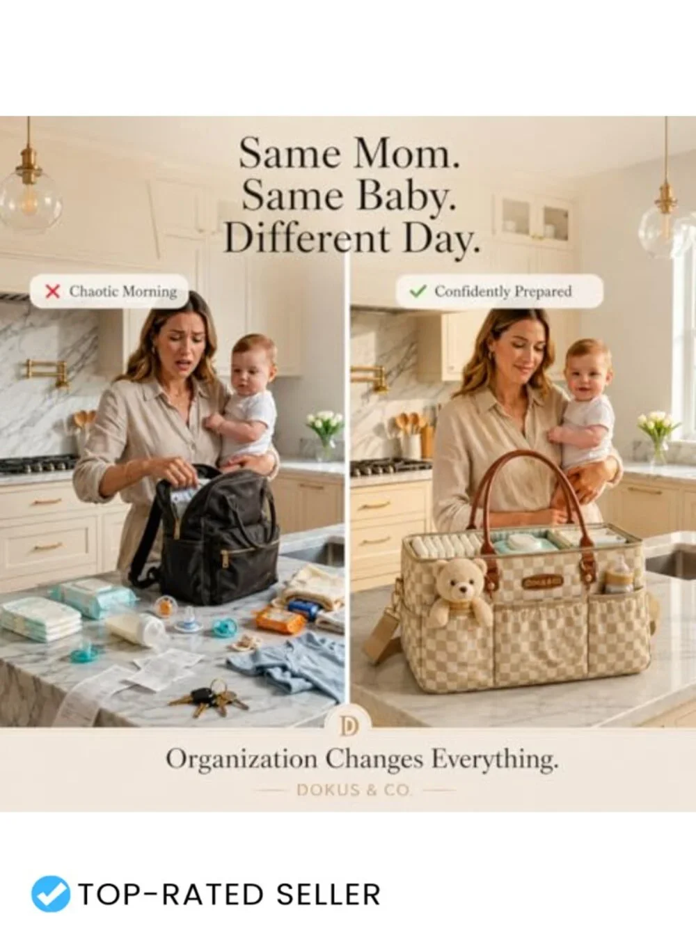Luxe Waterproof Diaper Caddy Tote with Faux Leather Handles, Extra Large